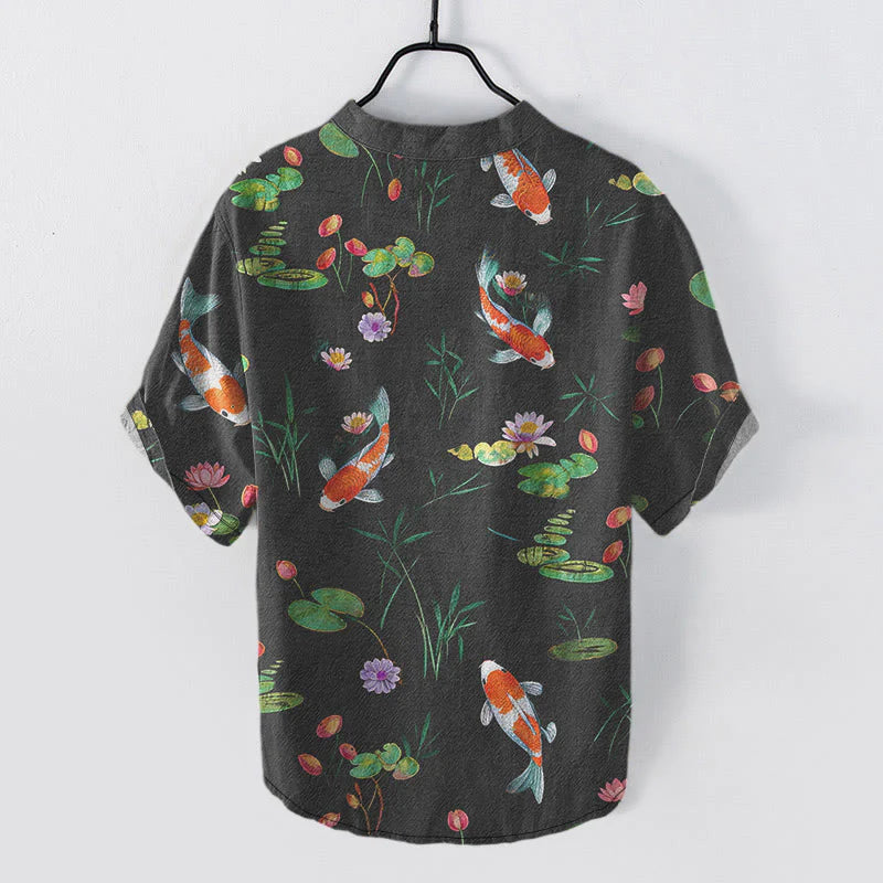 Buddha Stones Cotton Koi Fish Lotus Pattern Men's Short Sleeve Half Button Shirt