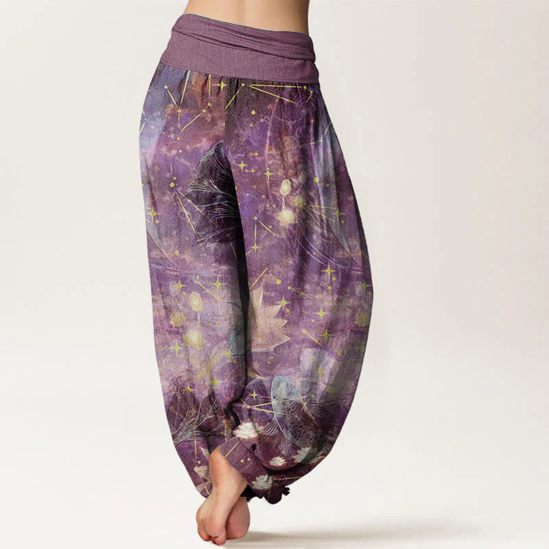 Buddha Stones Pure Cotton Koi Fish Lotus Moon Stars Pattern Women's Elastic Waist Harem Pants
