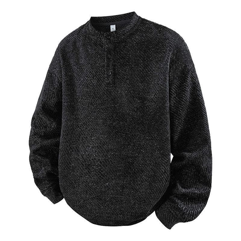 Buddha Stones Fall Crew Neck Stripes Button Men's Sweatshirt Pullover