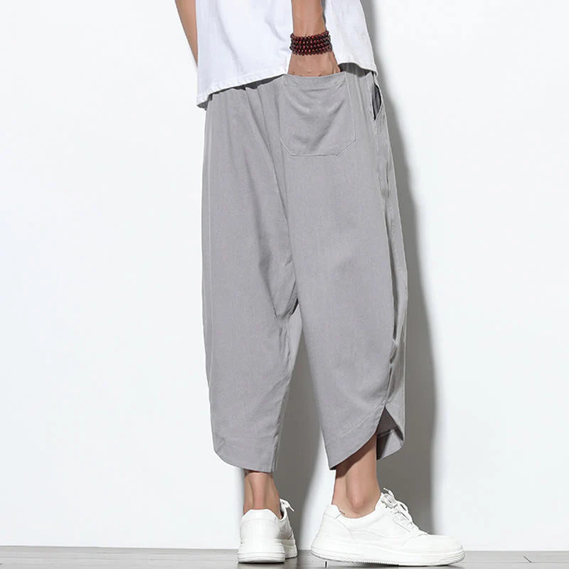 Buddha Stones Casual Summer Drawstring 7-8 Length Linen Men's Harem Pants With Pockets
