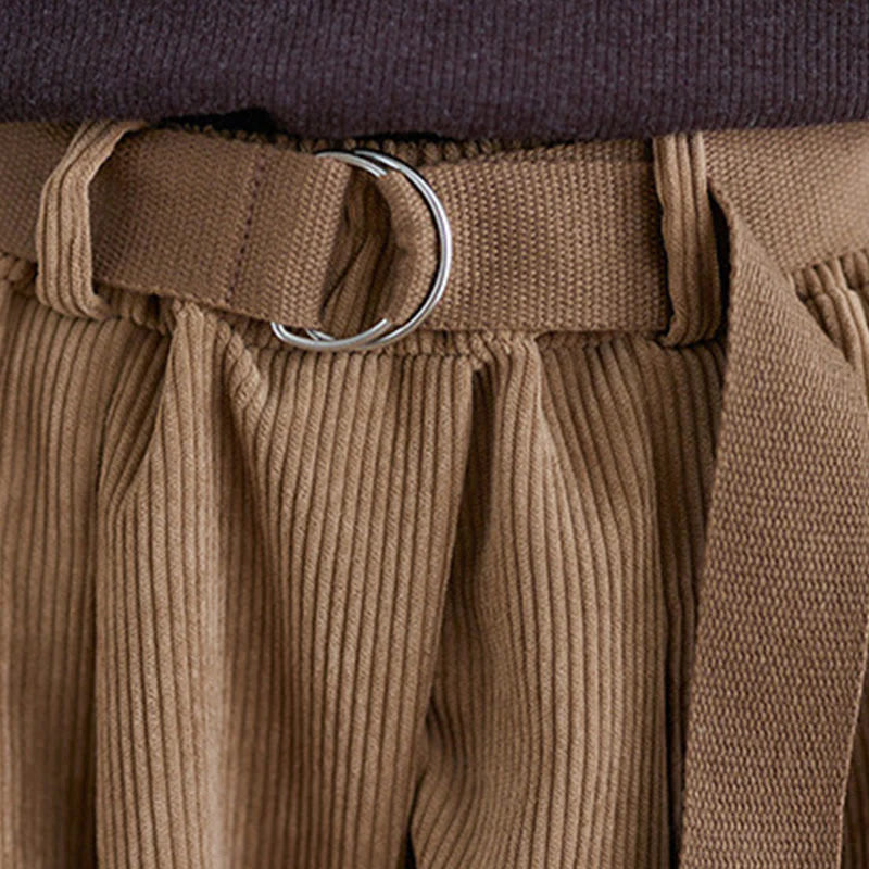 Buddha Stones Retro Women's Wide Leg 7-8 Length Corduroy Pants With Pockets Belt