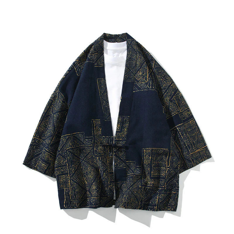 Buddha Stones Geometry Floral Stripes Butterfly Ink Open Front Half Sleeve Jacket Cotton Men's Kimono