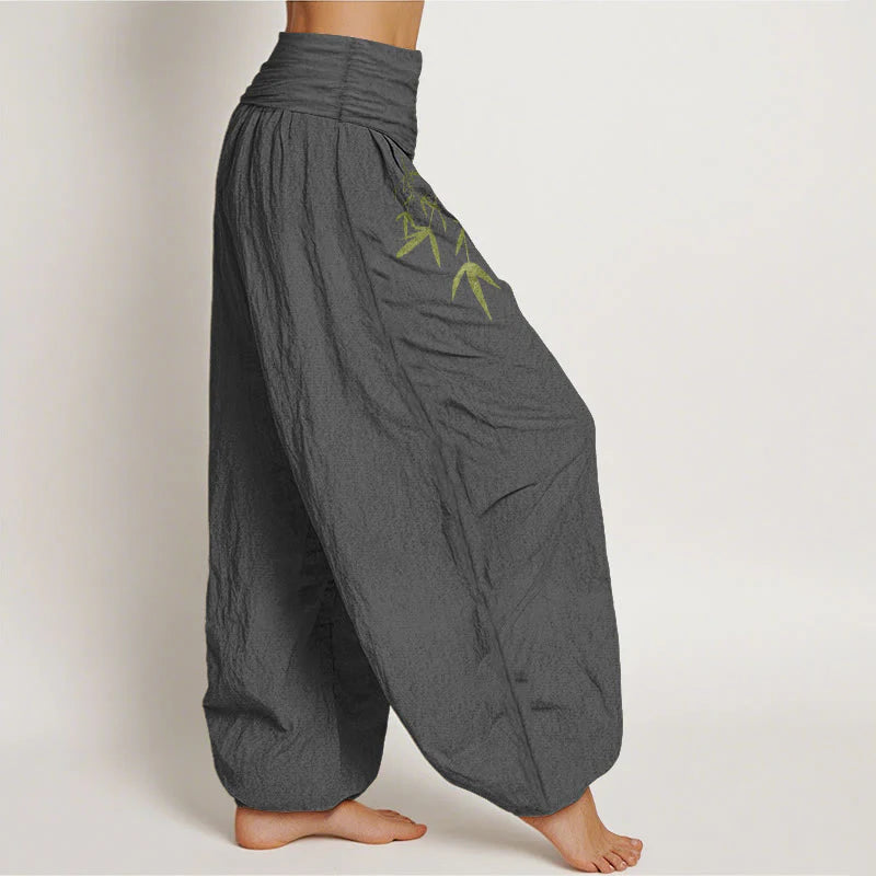 Buddha Stones Pure Cotton Minimalist Style Bamboo Leaf Pattern Women's Elastic Waist Harem Pants