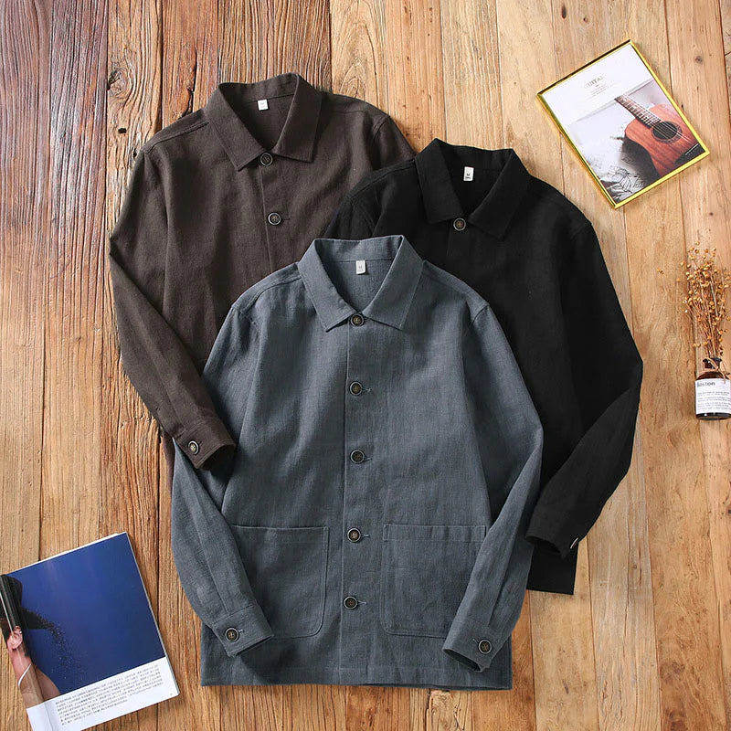 Buddha Stones Commute Plain Long Sleeve Button Lapel  Design Men's Ramie Linen Jacket With Pockets