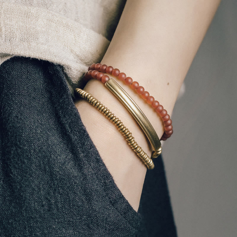 Buddha Stones Tibetan Various Agate Stone Copper Protection Triple Wrap Bracelet