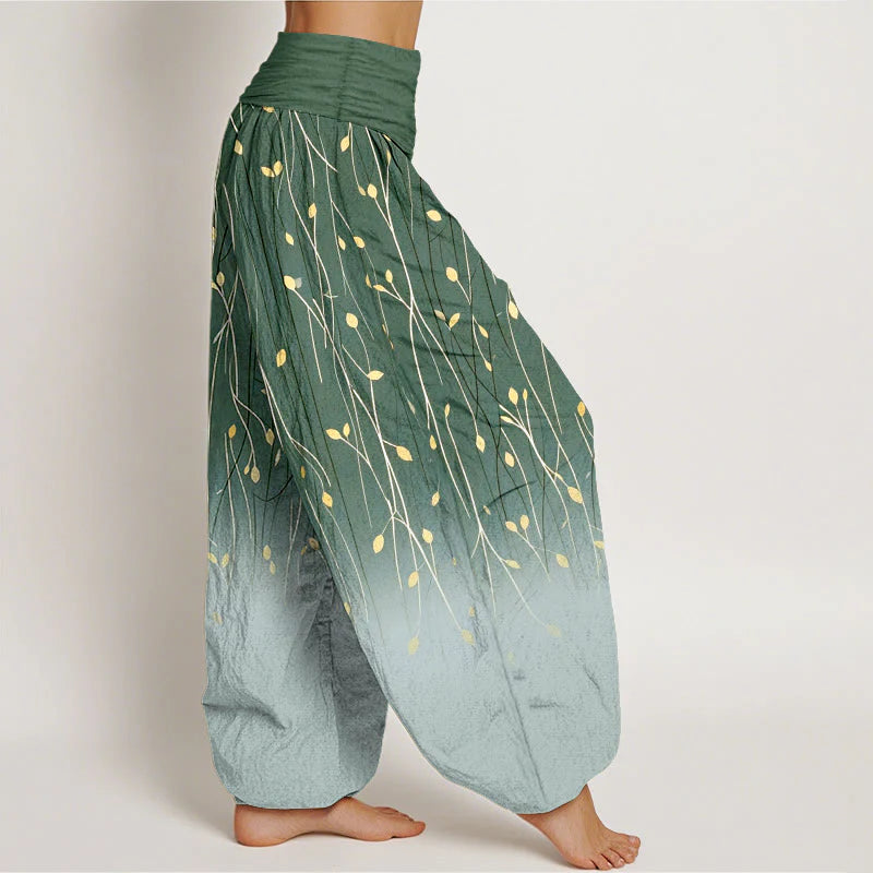 Buddha Stones Branches Leaves Pattern Gradient Women's Elastic Waist Pure Cotton Harem Pants