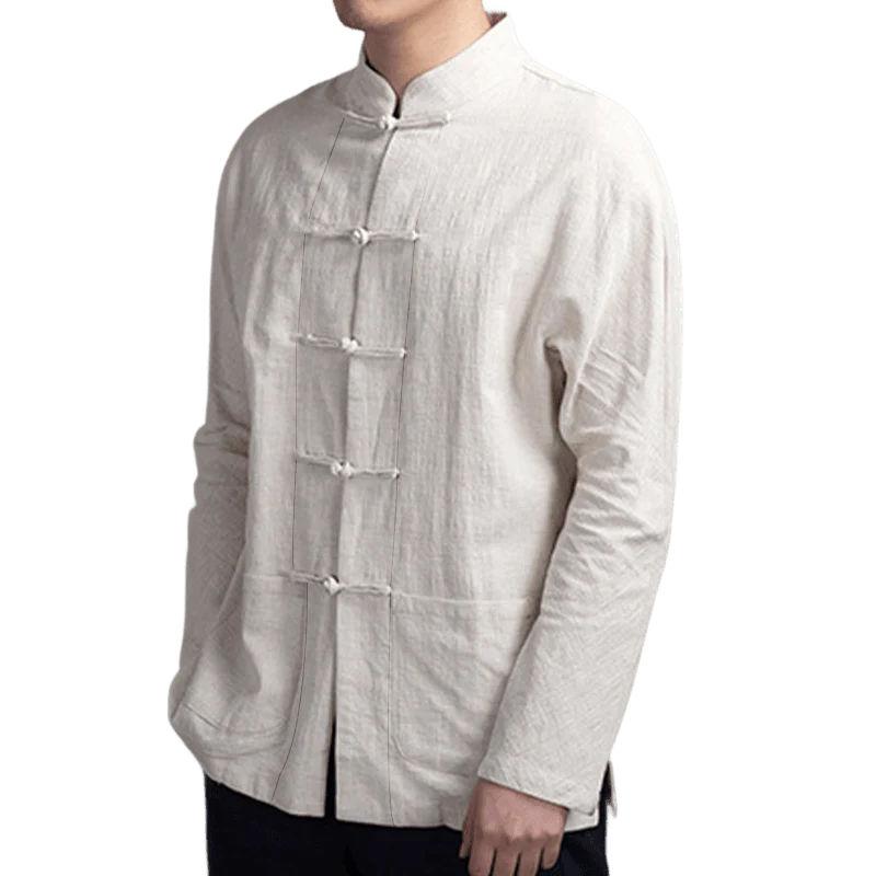 Buddha Stones Solid Color Casual Frog-button Men's Shirt Clothing