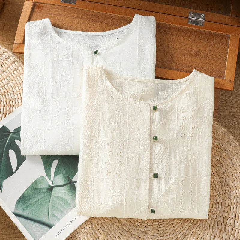 Buddha Stones Casual Embroidery Hollow Cotton Polyester Half Sleeve Women's Crew Neck Shirt
