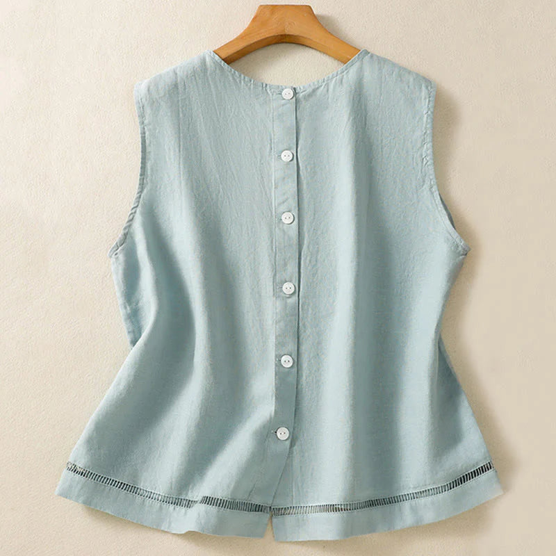 Buddha Stones Simple Crew Neck Button Design Women's Cotton Sleeveless Vest