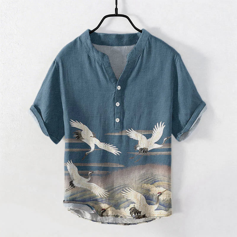Buddha Stones Cotton Crane Waves Pattern Men's Short Sleeve Half Button Shirt