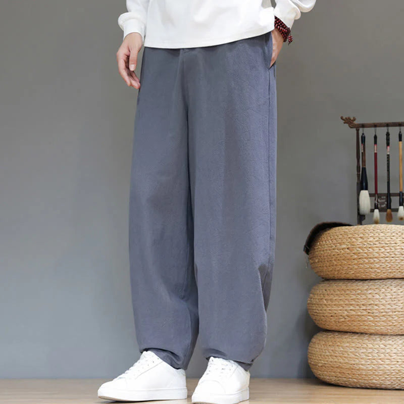 Buddha Stones Fall Sports Men's Pure Color Button Design Cotton Pants With Pockets