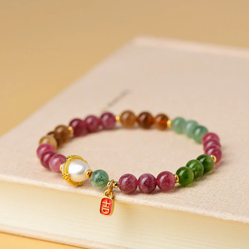 Buddha Stones Natural Multicolored Tourmaline Pearl Auspicious Character Charm Wisdom Bracelet (Extra 35% Off | USE CODE: FS35)