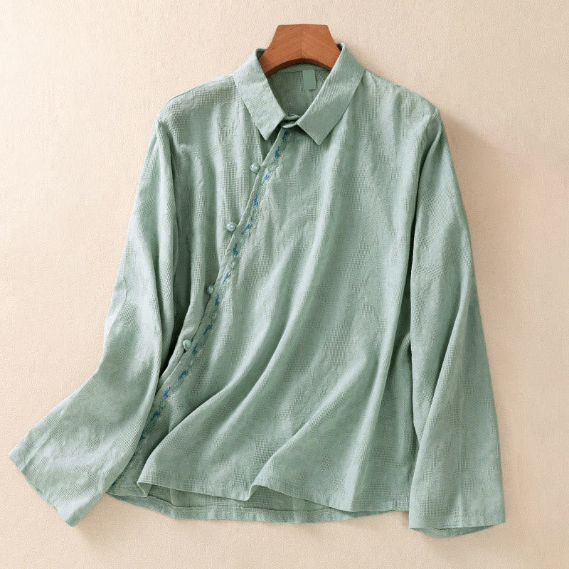 Buddha Stones Fall Embroidery Asymmetrical Design Frog-Button Women's Cotton Long Sleeve Shirt