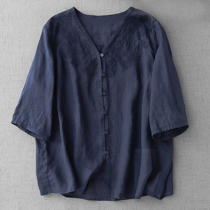 Buddha Stones Artistic Pure Color Embroidered Front Button Design Women's Cotton Half Sleeve Shirt Cardigan
