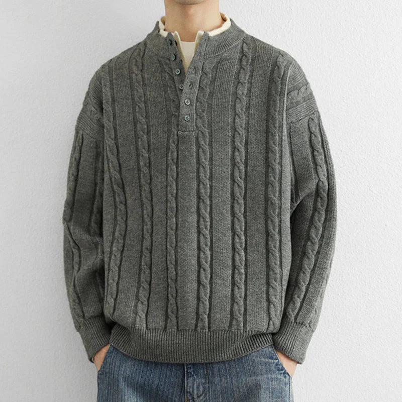 Buddha Stones Winter V-Neck Buttons Twisted Design Warm Men's Long Sleeve Knitted Sweater