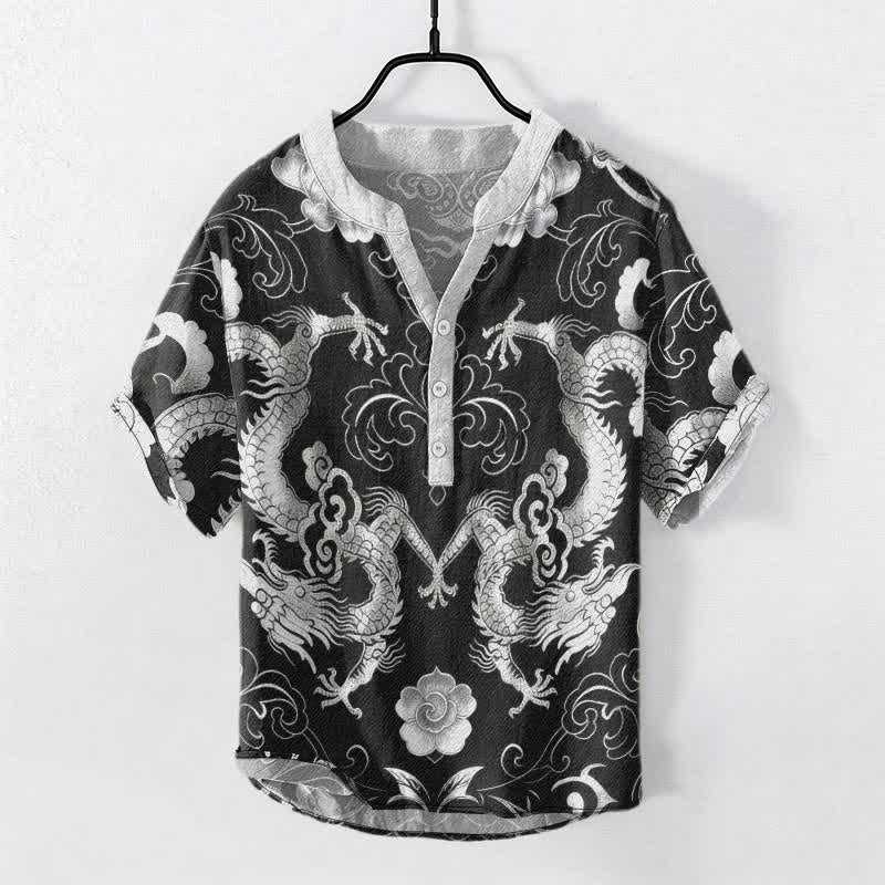 Buddha Stones Cotton Dragon Cloud Emblem Men's Short Sleeve Half Button Shirt