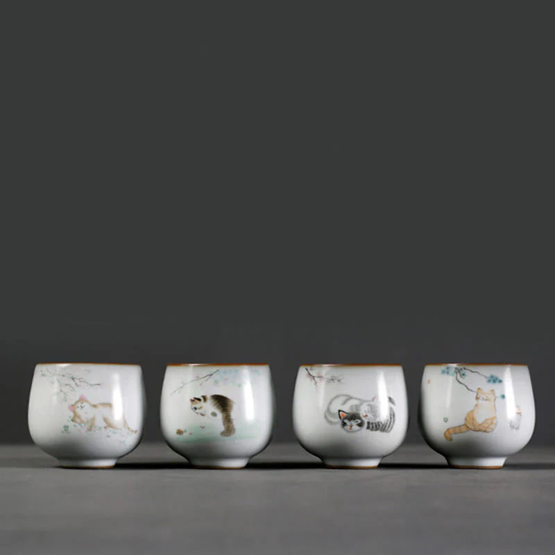 Buddha Stones Cute Cat Branches Teacup Kung Fu Tea Cup With Gift Box