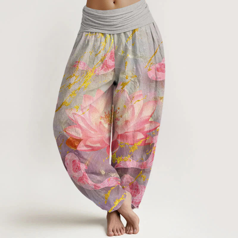 Buddha Stones Cotton Casual Lotus Flower Koi Fish Pattern Women's Harem Pants