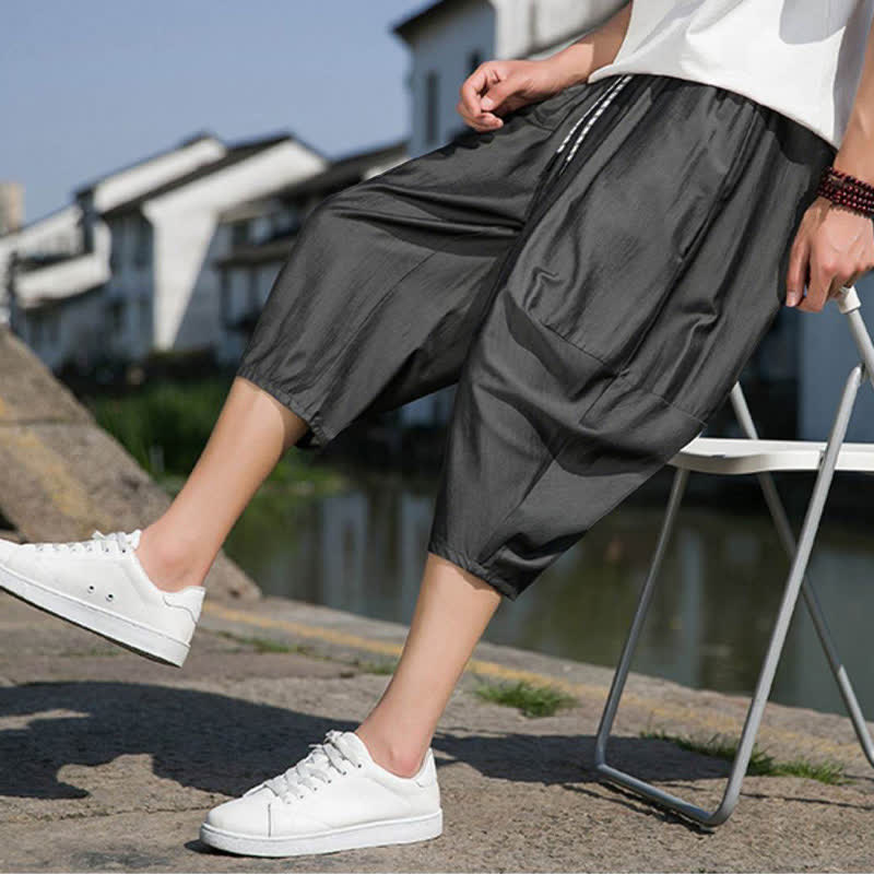 Buddha Stones Summer Elastic Waist Drawstring Solid Color Half Men's Tapered Pants With Pockets