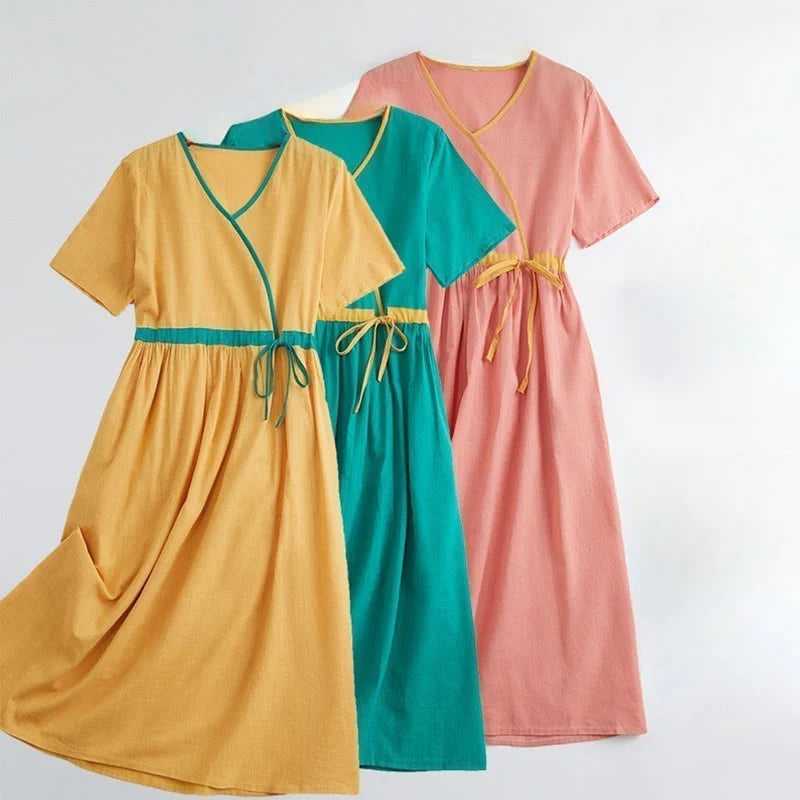Buddha Stones Summer Casual Stitching Color Lace-up Design V-Neck Short Sleeve Midi Dress