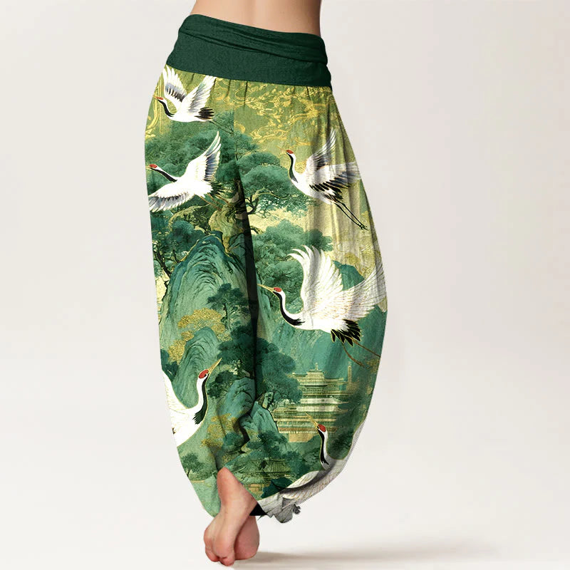 Buddha Stones Pure Cotton Gorgeous Crane Mountain Pine Tree Pattern Women's Elastic Waist Harem Pants