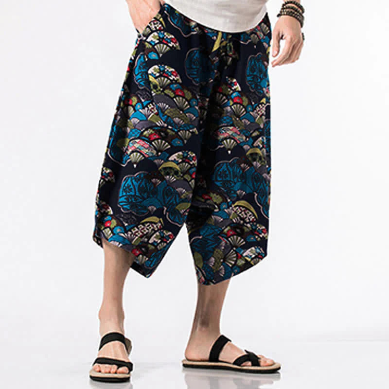 Buddha Stones Ethnic Printing Floral Geometric Pattern Men's Harem 7-8 Length Pants With Pockets