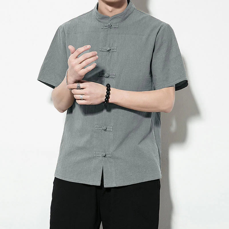 Buddha Stones Casual Solid Color Front Frog Buttons Chinese Tang Suit Short Sleeve Linen Men's Shirt