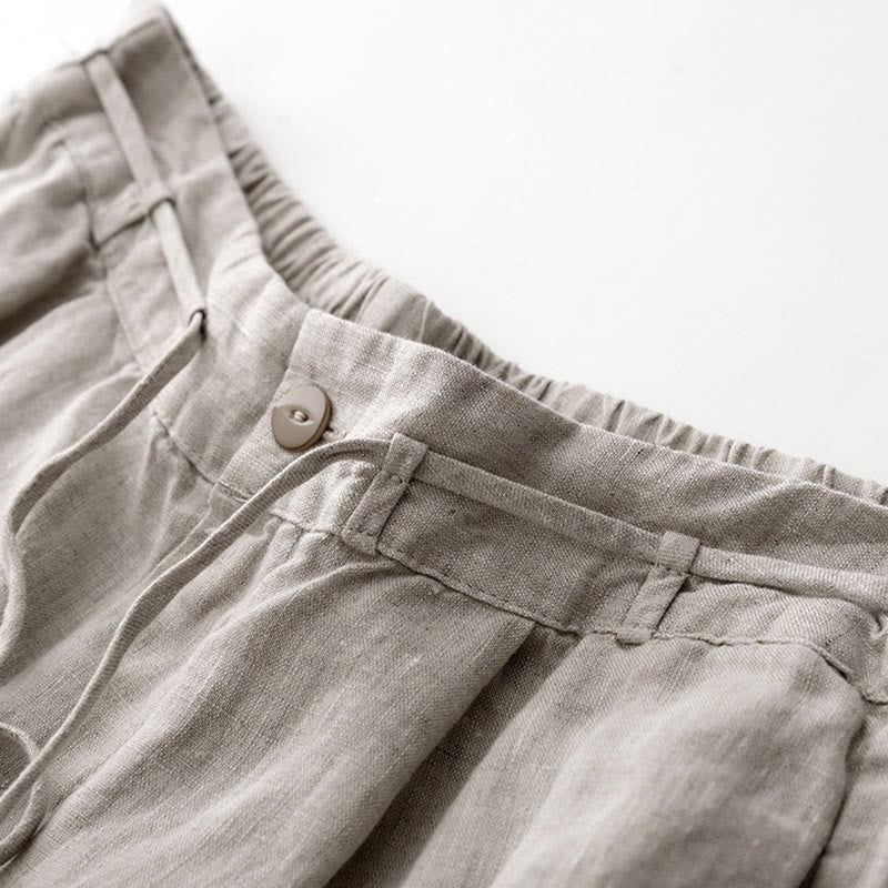 Buddha Stones Summer Plain Color Ankle-Length Drawstring Cotton Linen Women's Wide Leg Pants With Pockets Zipper