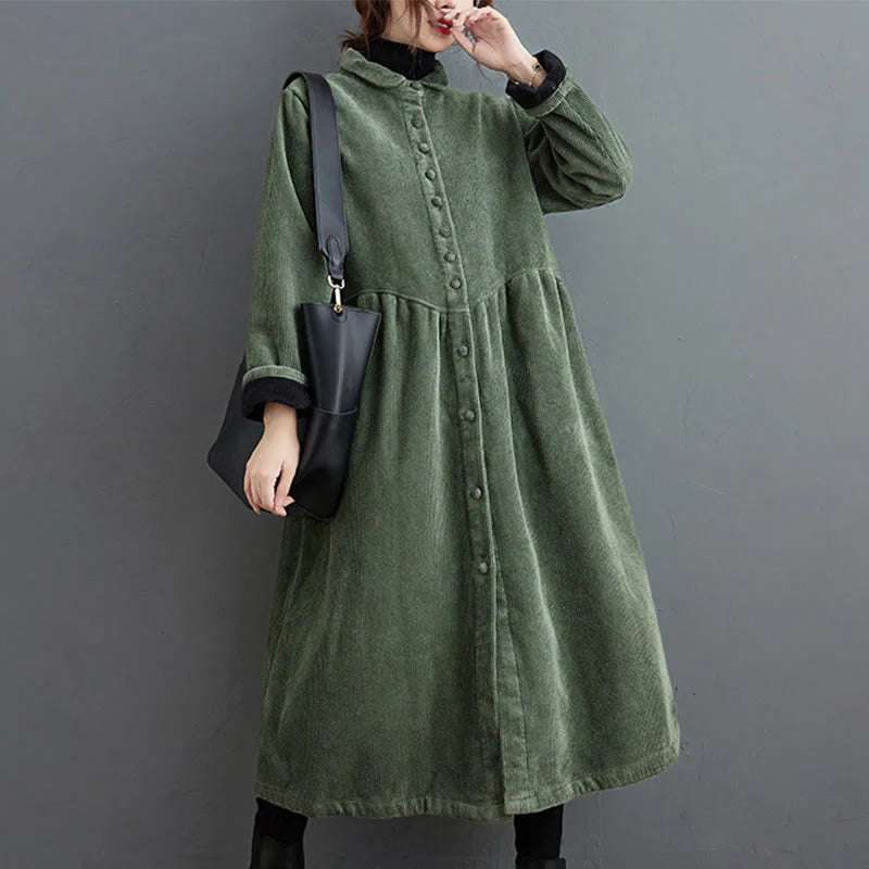 Buddha Stones Plain Buttons Long Sleeve Women's Cotton Corduroy Fleece-Lined Coat With Pockets