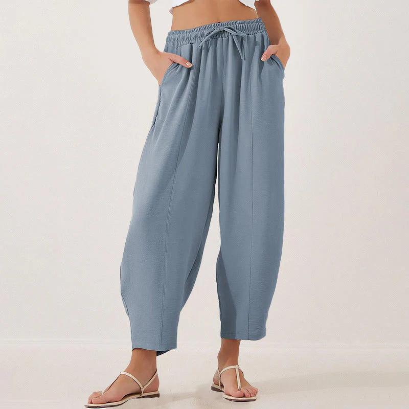 Buddha Stones Casual Plain Loose Drawstring Women's Polyester 7/8 Length Pants  With Pockets