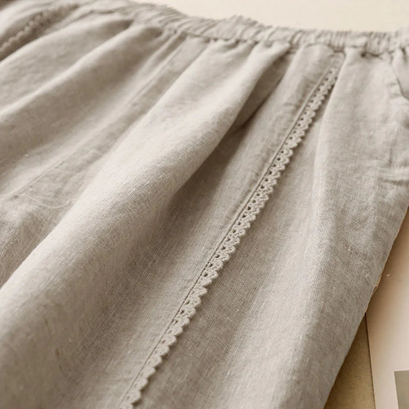 Buddha Stones Summer Frog-Button Lace High Waist Women's Cotton Linen Pants With Pockets