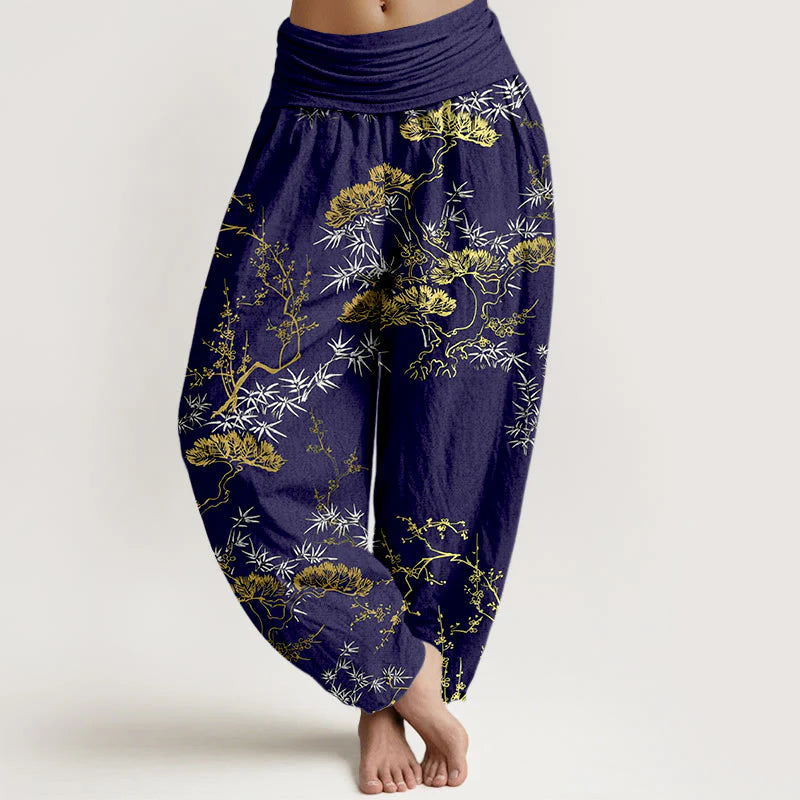 Buddha Stones Pure Cotton Pine Bamboo Plum Pattern Women's Elastic Waist Harem Pants