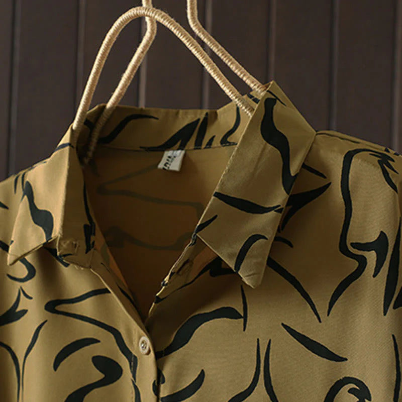 Buddha Stones Spring Fall Stand Collar Line Pattern Long Sleeve Women's Cotton Polyester Shirt
