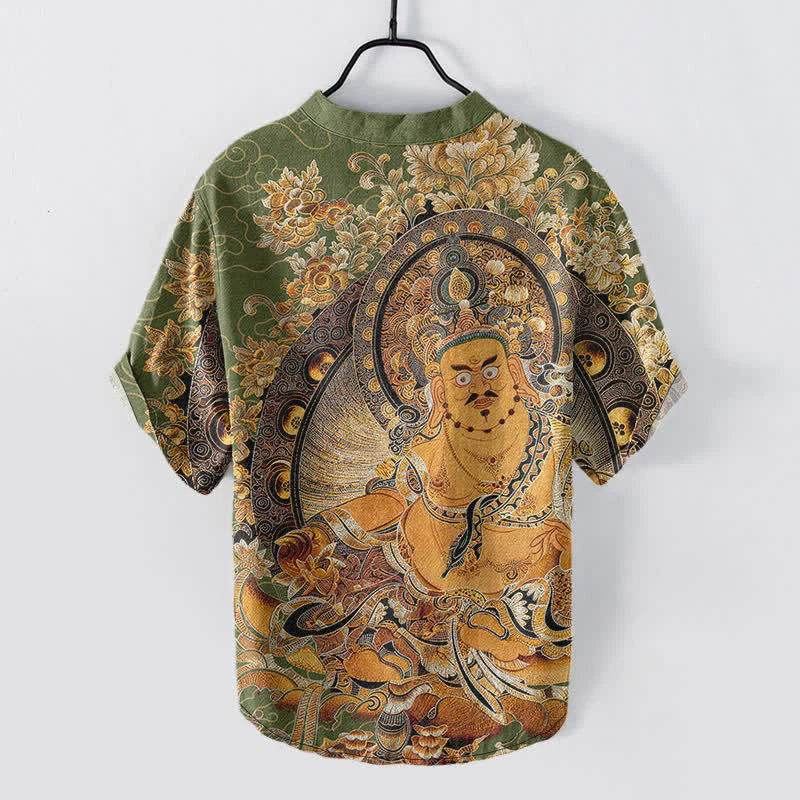 Buddha Stones Cotton Gold Buddha Floral Print Men's Short Sleeve Half Button Shirt