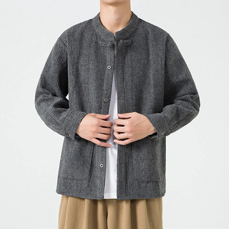 Buddha Stones Long Sleeve Frog-button Design Men's Cotton Jacket Shirt With Pockets