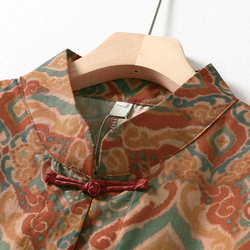 Buddha Stones Printing Chinese Frog-Button Long Sleeve Stand Collar Women's Shirt With Pockets