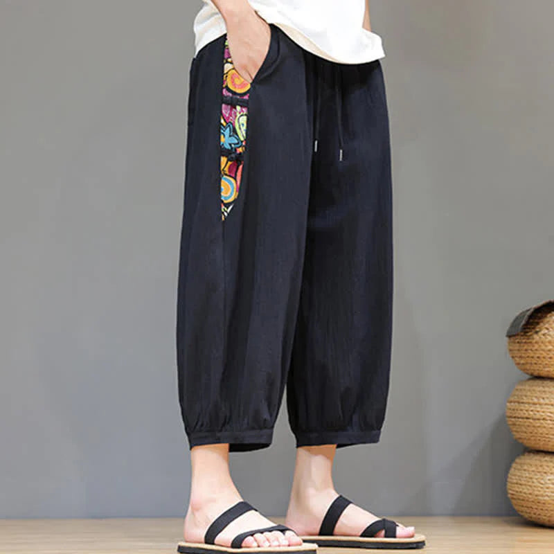 Buddha Stones Summer Tribal Side Stripe Drawstring Waist Men's Capri Tapered Pants With Pockets
