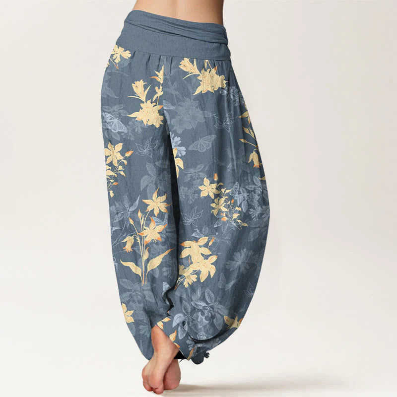 Buddha Stones Cotton Fresh Refined Flower Leaf Pattern Women's Elastic Waist Harem Pants