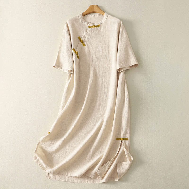Buddha Stones Spring Frog-Button Knee Length Cotton Women's Short Sleeve Dress With Pockets