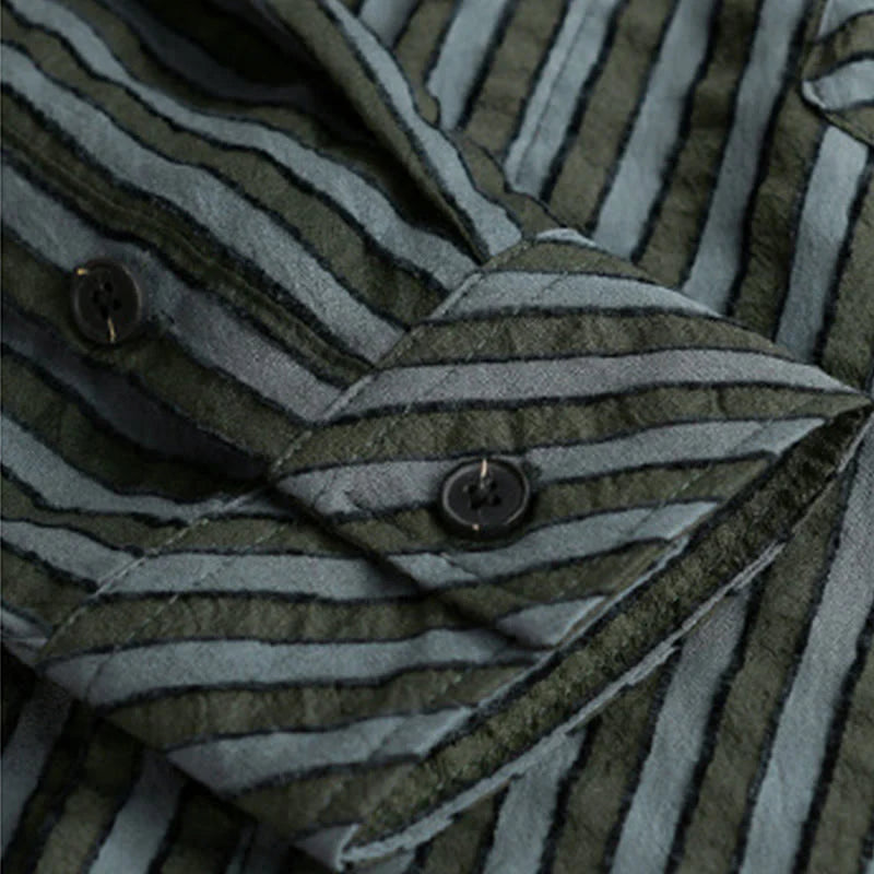 Buddha Stones Vintage Striped Buttons Down Stand Collar Long Sleeve Men's Cotton Shirt