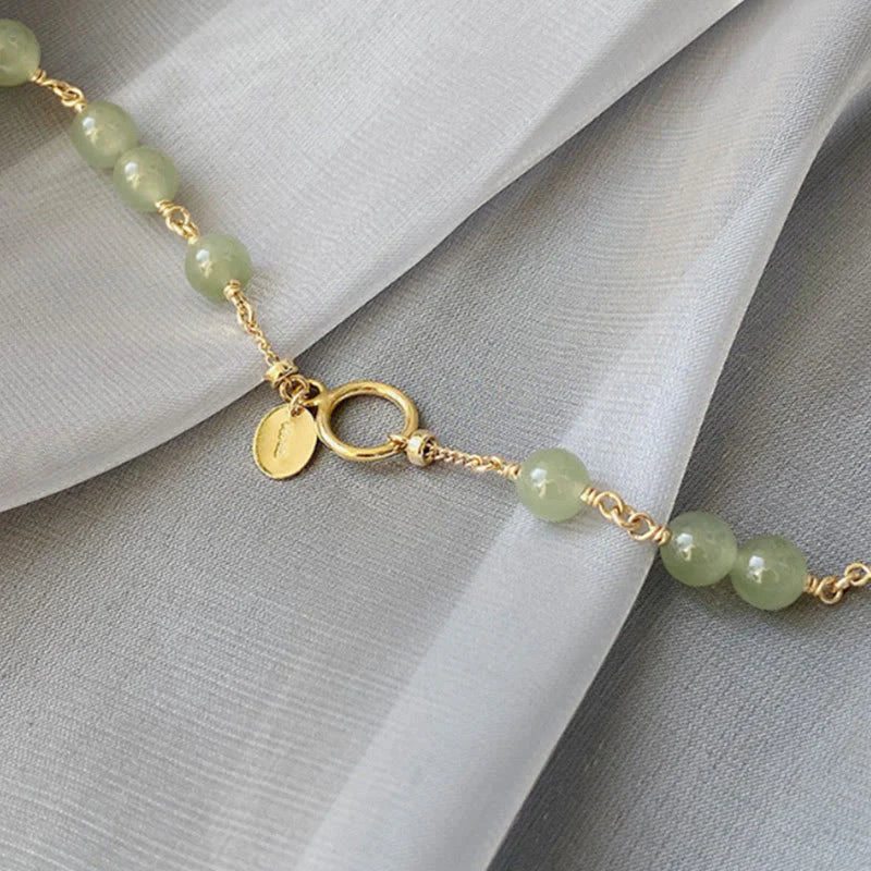 Buddha Stones 14k Gold Plated Hetian Jade Beaded Prosperity Chain Bracelet