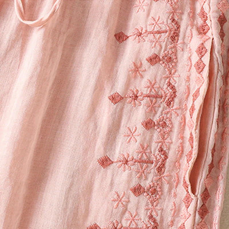 Buddha Stones Ethnic Embroidery Drawstring Cotton Linen Women's High Waist Wide Leg Pants With Pockets