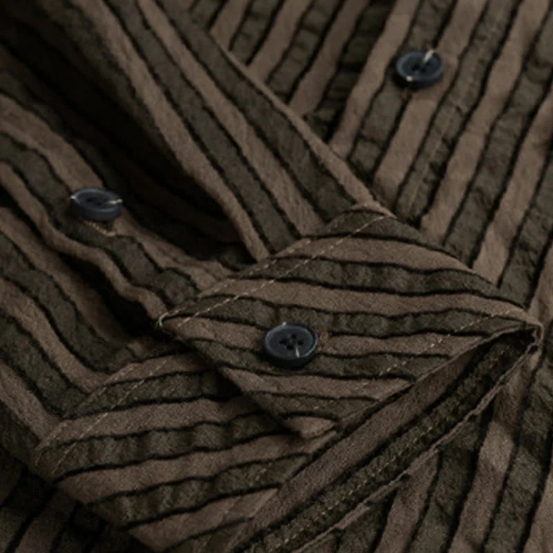 Buddha Stones Vintage Striped Buttons Down Stand Collar Long Sleeve Men's Cotton Shirt