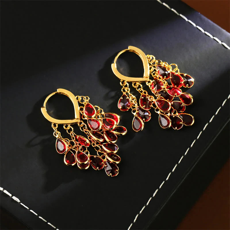 Buddha Stones Red Water Droplet Tassel Healing Copper Hoop Earrings