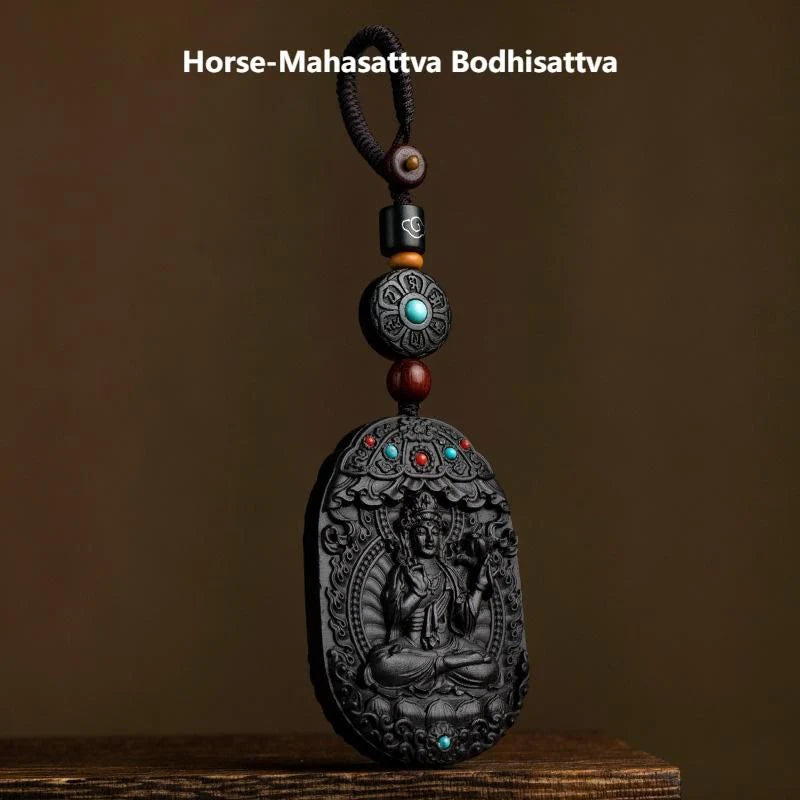 Buddha Stones Chinese Zodiac Natal Buddha Year of the Horse Om Mani Padme Hum Lotus Ebony Blessing Key Chain