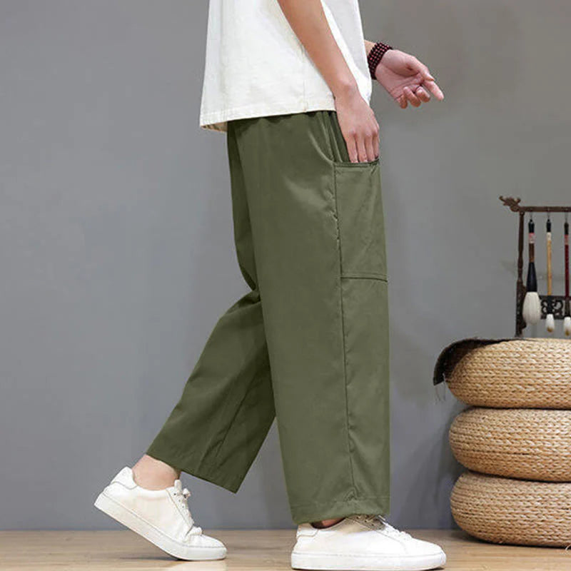 Buddha Stones Summer Solid Color Drawstring Straight Leg 7-8 Length Men's Pants With Pockets