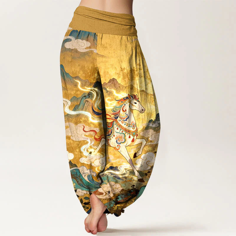 Buddha Stones Cotton Gorgeous Mountain Horse Cloud Pattern Women's Elastic Waist Harem Pants