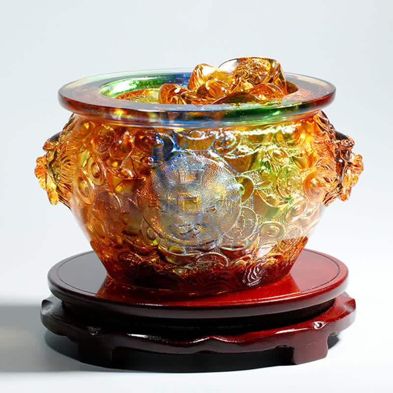 Buddha Stones Handmade Liuli Crystal Treasure Bowl Art Piece Home Decoration