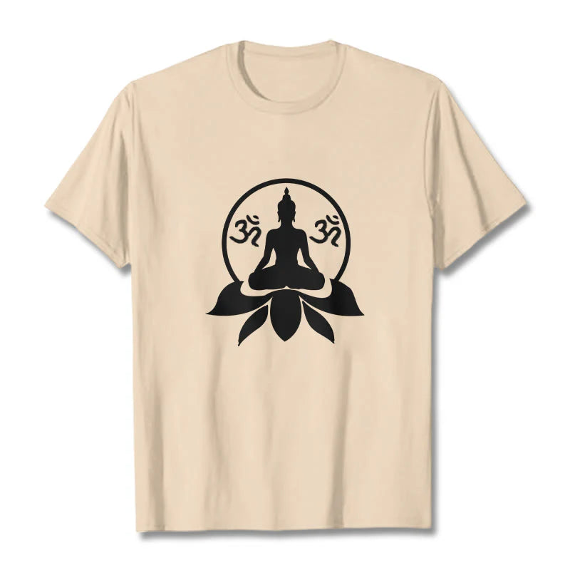 Buddha Stones OM Symbol Sanskrit Mantras Buddha Seated On Lotus Flower Design Tee T-shirt
