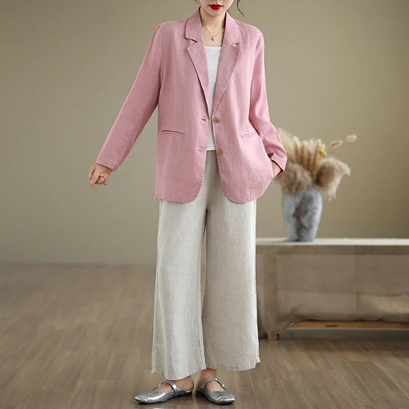 Buddha Stones Spring Solid Color Long Sleeve Cotton Linen Women's Jacket With Pockets